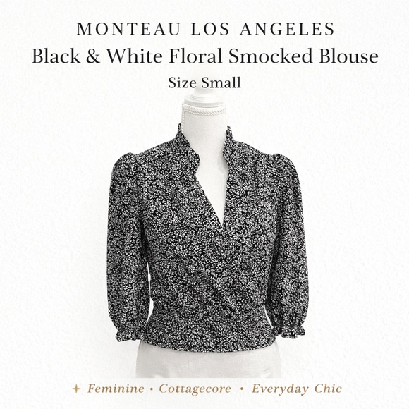 Monteau Tops - Monteau Los Angeles Black & White Floral Smocked Waist Blouse Size S Puff Sleeve
